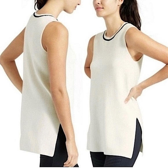 ATHLETA On the Town Ribbed Knit Sweater Top Sleeveless Cream Black size medium - Picture 1 of 8